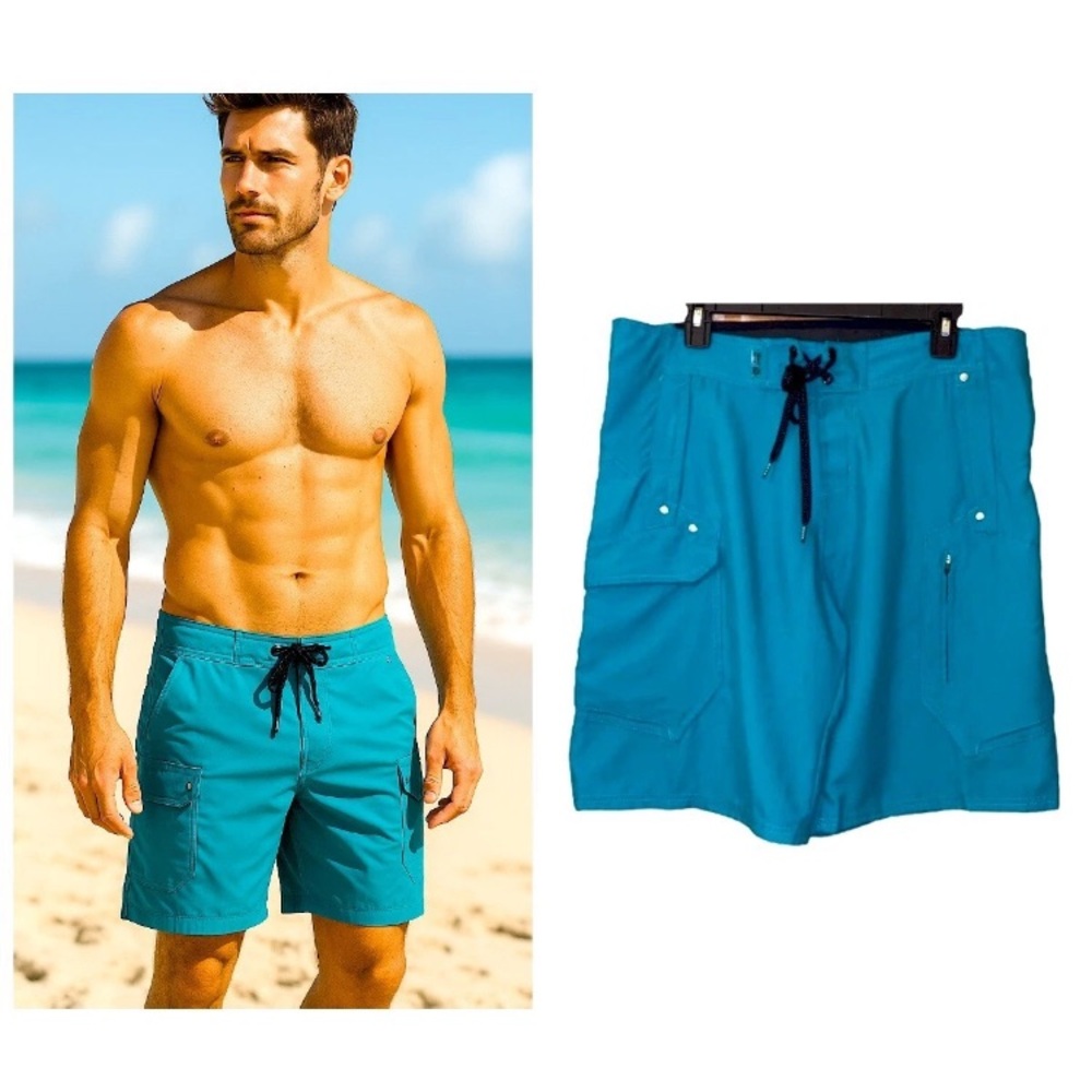 NWT BEACH RAYS Swim Trunks Board Shorts Surfwear Mens Sz 34 Classic Solid Blue